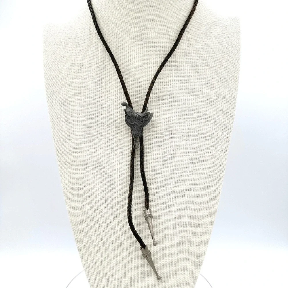 Vintage Western Bolo Tie Silver Tone Horse Saddle Slide Braided Leather Cord Y2K